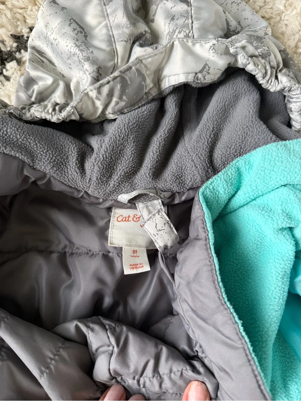 Cat & Jack Grey Patterned Hooded Puffer Jacket 2Y